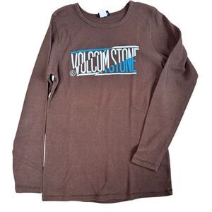 Vintage Y2K Volcom Graphic Mens Brown Thermal Shirt T-Shirt Size L Fits Medium